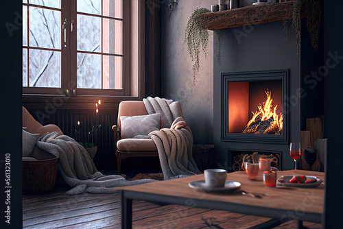 Cosy living room interior design idea with fireplace, winter architecture, Generative AI