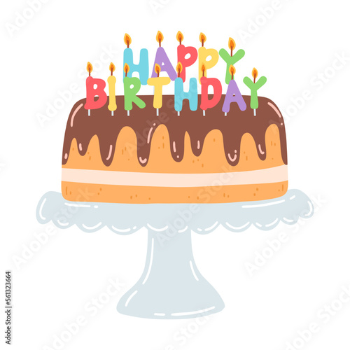 Birthday cake on a stand with candles in flat style. Hand drawn vector illustration of chocolate cake with cream, sweet dessert, pastry food