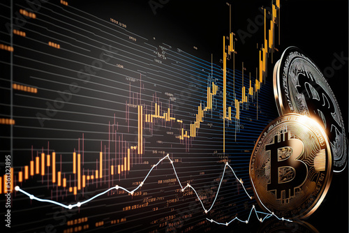 Bitcoins gold coins with stick graph chart and digital background.