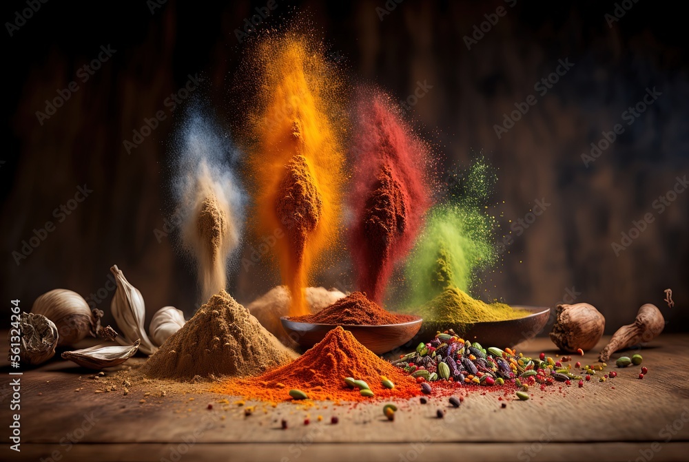 close-up variety of spices, dust or grain in bottle and in bowl , culinary ingredients on wooden table in artistic position, herbal ground powder, spice sprinkle from above - obrazy, fototapety, plakaty 