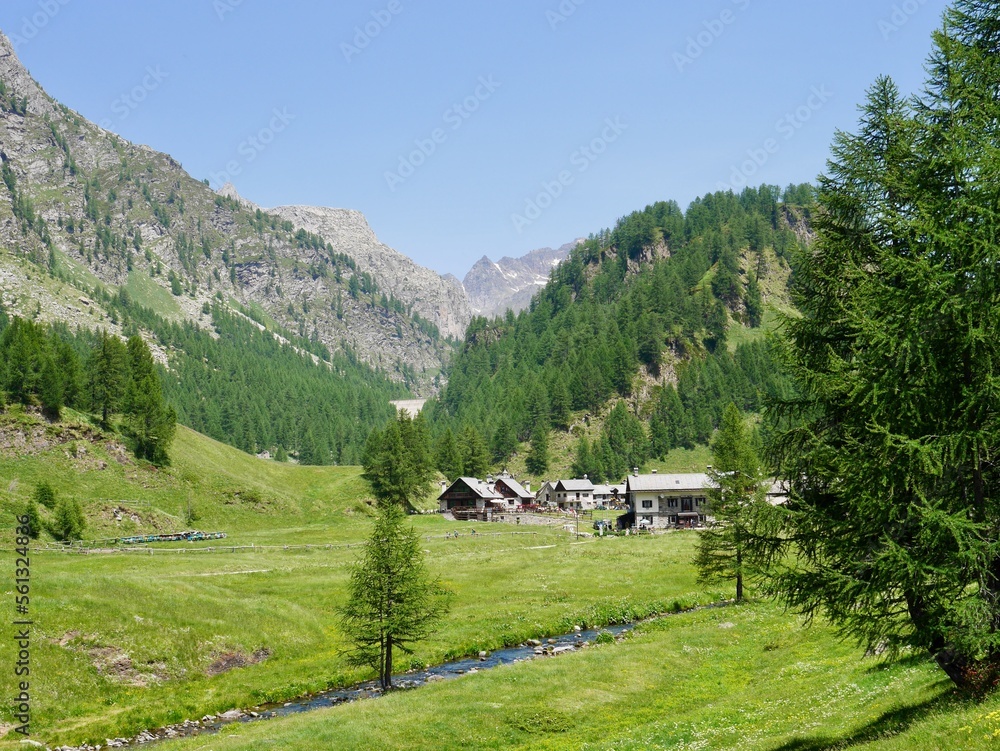 Panoramic view of Crampiolo on Alpe Devero, Parco Naturale Veglia-Devero, Val d'Ossola, Italy.