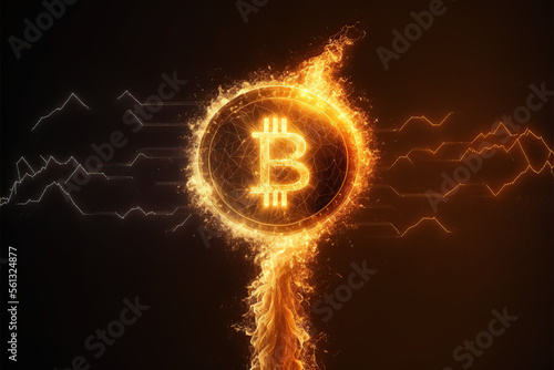 Golden bitcoin coin in fire with trading stock chart background