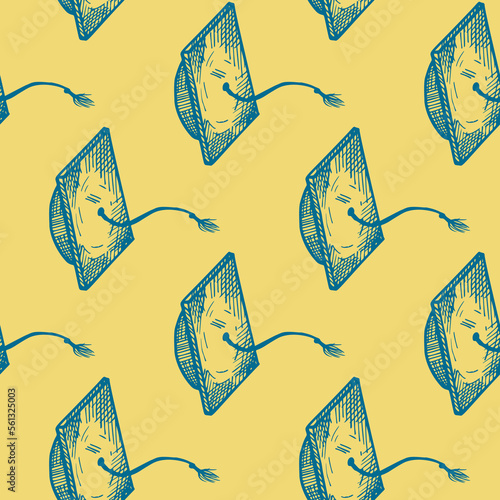 Graduate hat engraved seamless pattern. Vintage element education in hand drawn style. Sketch texture for fabric, wallpaper, textile, print, title, wrapping paper. Vector illustration.