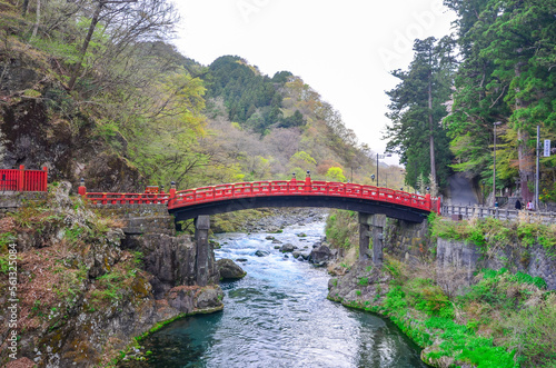 View of famous Shinkyo Bridge (red wood bridge), crosses Daiya River