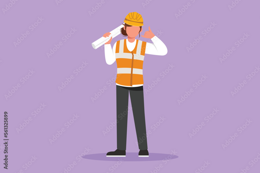 Graphic flat design drawing female architect standing holding roll of paper work with call me gesture and wearing helmet carrying blueprint for building's work plan. Cartoon style vector illustration