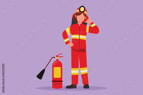 Character flat drawing female firefighter standing with fire extinguisher wear helmet and uniform with call me gesture. Working to extinguish fire in burn building. Cartoon design vector illustration