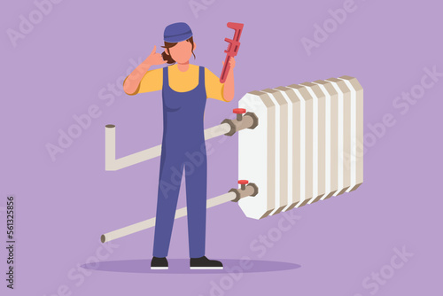 Cartoon flat style drawing of female plumber standing with call me gesture and holding carpentry tool ready to work fixing broken plumbing at home. Success business. Graphic design vector illustration