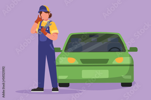 Graphic flat design drawing female mechanic stands in front of car with call me gesture and holding wrench to perform maintenance on vehicle engine or transportation. Cartoon style vector illustration