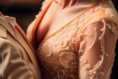 Digital intimate portrait of an anonymous beautiful young couple in love, kissing or dancing, no face, the woman wears a sexy chic low neckline wedding or evening dress with tulle, pearls, embroidery