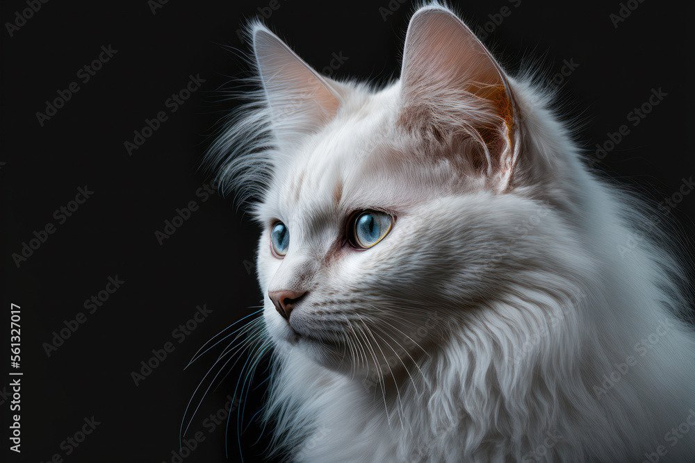 Beautiful white cat on black background, kitten isolated on black, generative ai