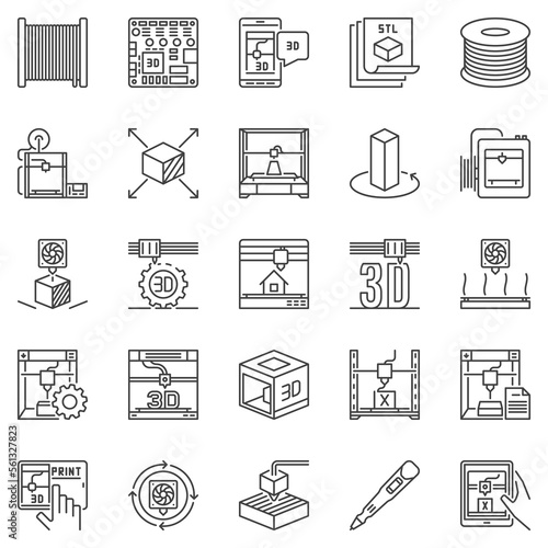 3D Printer outline icons set - additive manufacturing and printing concept symbols