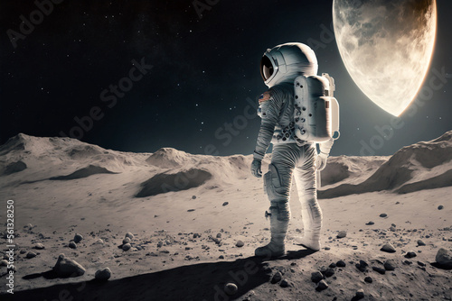 Cosmonaut on a cold snowy moon. An astronaut looks into the cold future in space, on which planet could people survive, dark mood. AI generative