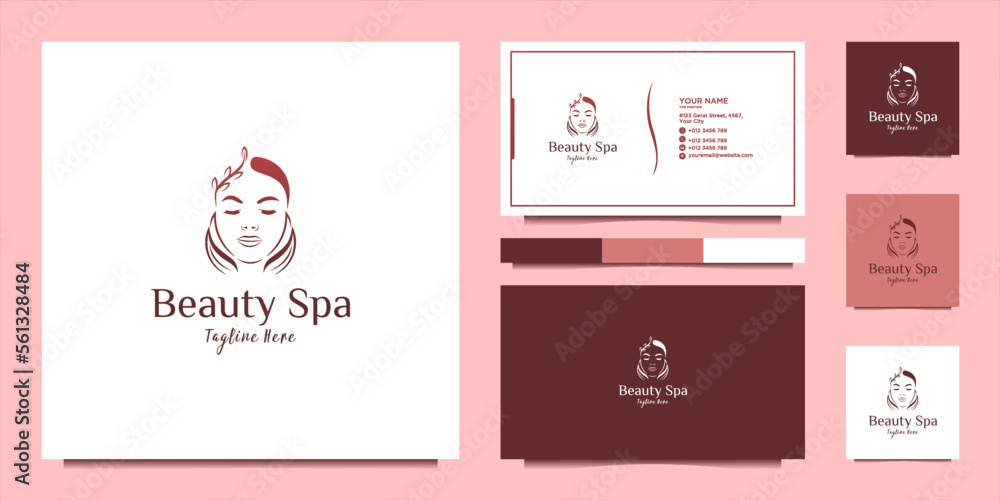 woman and leaf design template with business card woman and leaf design template with business card