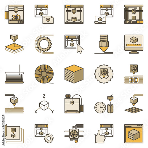 3D Printing colored icons set. Additive Manufacturing and Printers vector signs