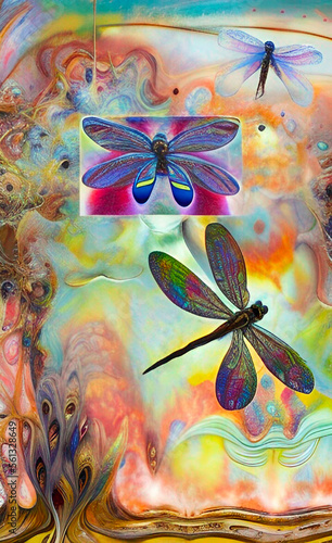 colorful dragonfly trio abstract artwork, AI generated artwork plus editing