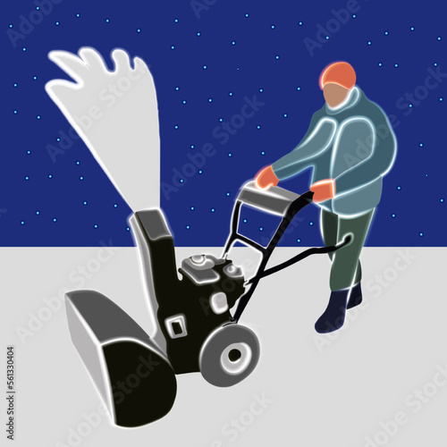 Vector isolated illustration of a man removing snow with a snowplow.