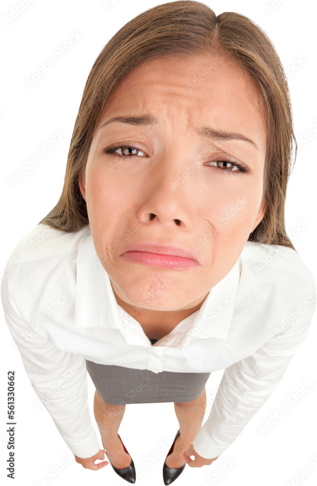 Sad crying disappointed funny business woman in high angle view isolated in transparent PNG. Multicultural Asian Caucasian businesswoman looking unhappy isolated in transparent PNG. Sad crying disappointed funny business woman in high angle view isolated in transparent PNG. Multicultural Asian Caucasian businesswoman looking unhappy isolated in transparent PNG.