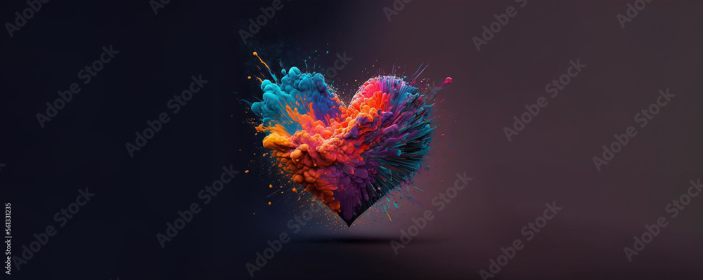 Exploding Heart With Vibrant Colors, Copy Space For Both Side For Including text 