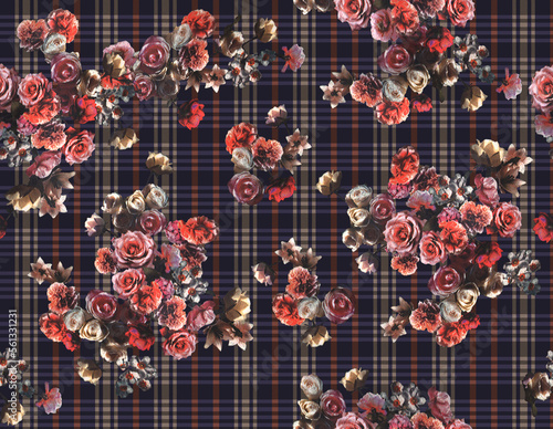 colorful flowers on plaid pattern
