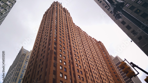 Looking up from the street to the landmark skyscraper Guardian Building in downtown Detroit, Michigan at the intersection of Griswold and Congress Streets. Built in 1928, art deco office building. 