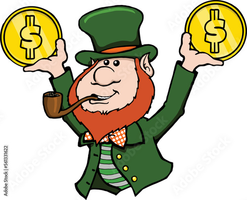 cartoon leprechaun holding up gold coin