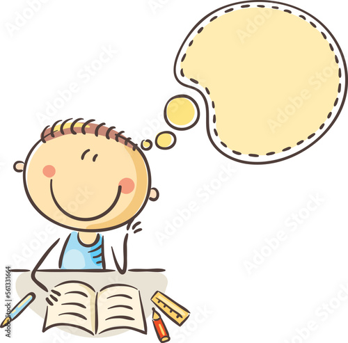 Cartoon illustration of a boy dreams while sitting at a desc, copy space, speech bubble