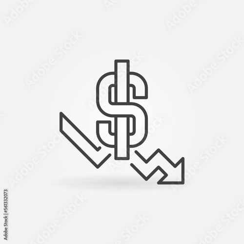 Dollar with Falling Arrow Inflation or Hyperinflation vector concept linear icon