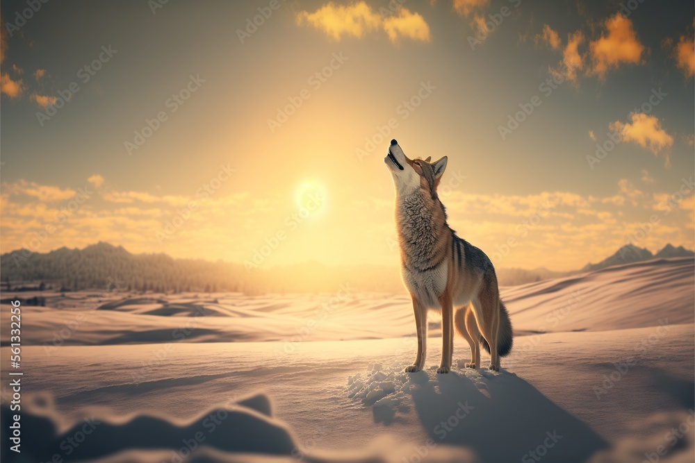 a wolf standing in the snow looking up at the sun in the sky with ...