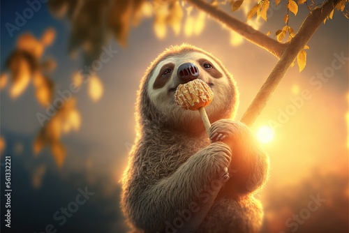 Obraz na plátně a slotty eating a donut while sitting on a tree branch at sunset with the sun shining behind it and falling leaves on the branches behind it, with a blurry background,