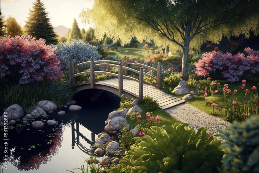  a painting of a bridge over a pond in a park with flowers and trees around it and a path leading to a small bridge over water feature with a small pond in the middle of. - obrazy, fototapety, plakaty 