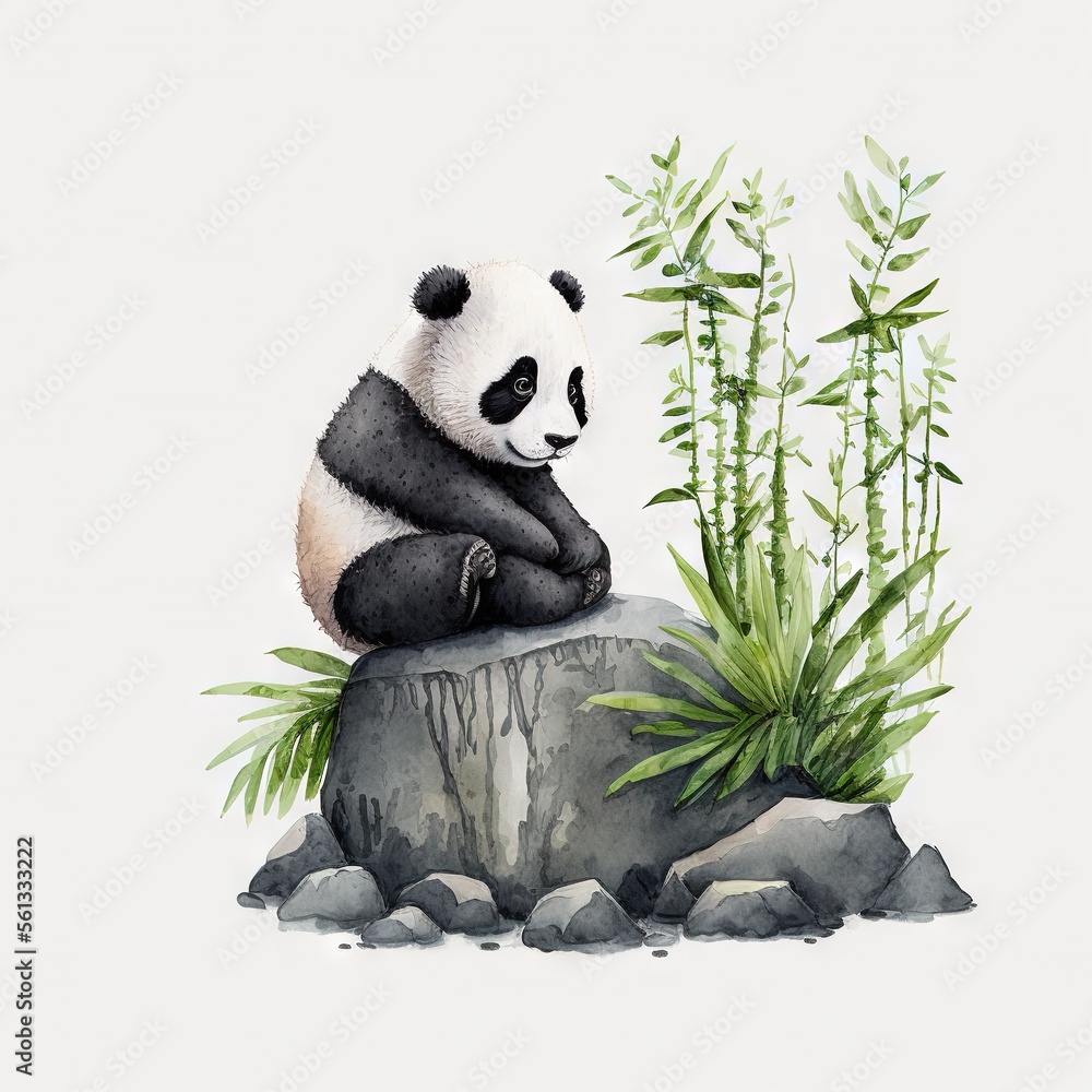 a panda bear sitting on a rock next to a plant and rocks with bamboo ...