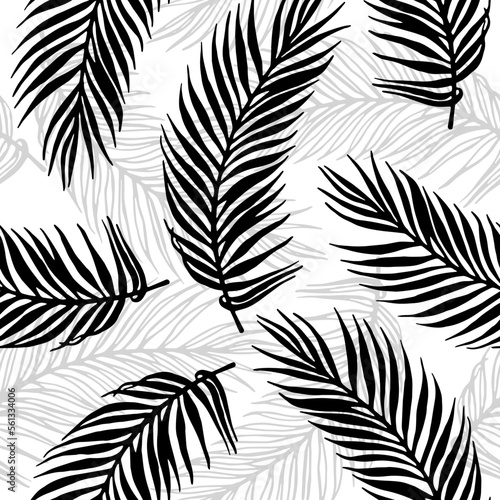 Vector palm leaves pattern, jungle tree branches seamless background. Exotic plants for clothes textile, fabric, wrapping paper. Black twigs isolated on white. Summer graphic design.