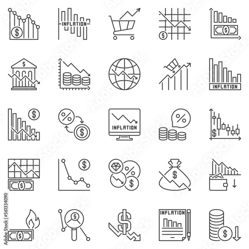 Inflation outline icons set - Hyperinflation and Financial Crisis vector symbols