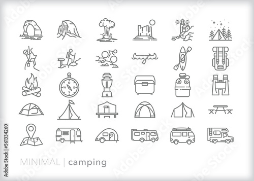 Set of camping line icons of activities, places, and items for spending time in the great outdoors while camping, on holiday, or on vacation