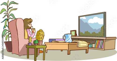 woman watching tv cartoon vector illustration