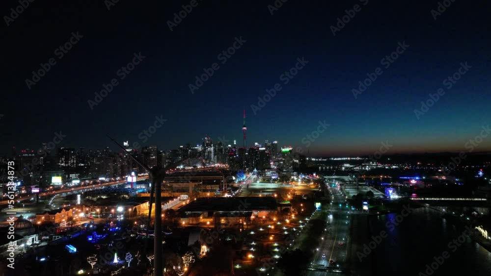 Aerial cinematic exhibition center downtown Toronto sunrise 2 Aerial cinematic exhibition center downtown Toronto sunrise 2