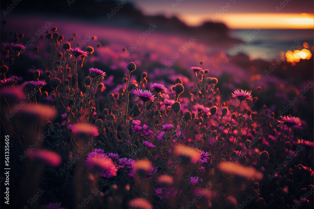 purple flowers in the sunset, generated by generative ai