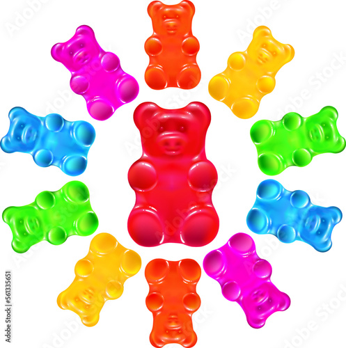funny colored jelly bears in circle on a white background. bright gummy animals candies. greeting card. isolated vector illustration.