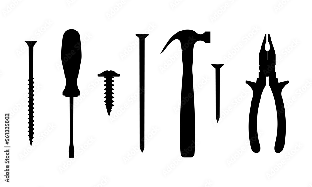 Silhouettes of working tools. Screwdriver, pliers, hammer, nails, self-tapping screws. Black silhouettes on white transparent background.
Silhouettes of working tools. Screwdriver, pliers, hammer, nails, self-tapping screws. Black silhouettes on white transparent background.