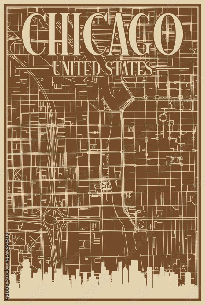 Brown hand-drawn framed poster of the downtown CHICAGO, UNITED STATES OF AMERICA with highlighted vintage city skyline and lettering Brown hand-drawn framed poster of the downtown CHICAGO, UNITED STATES OF AMERICA with highlighted vintage city skyline and lettering