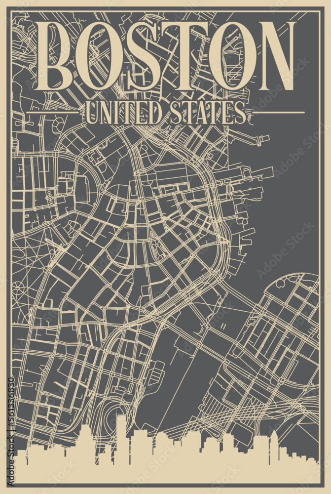 Grey hand-drawn framed poster of the downtown BOSTON, UNITED STATES OF AMERICA with highlighted vintage city skyline and lettering Grey hand-drawn framed poster of the downtown BOSTON, UNITED STATES OF AMERICA with highlighted vintage city skyline and lettering