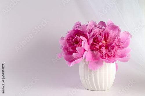 Pink peonies in a vase on a light background. Congratulations on Valentine's Day. Copy space