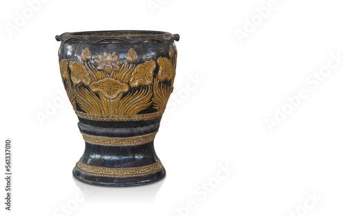 old yellow and black clay pot is placed on a yellow and black clay pedestal on white background, object, decor, vintage, copy space