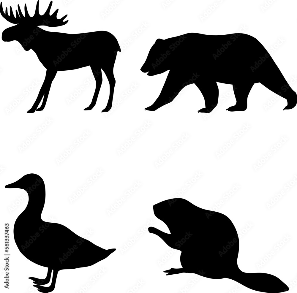 Silhouettes of forest animals deer bear and duck with beaver.