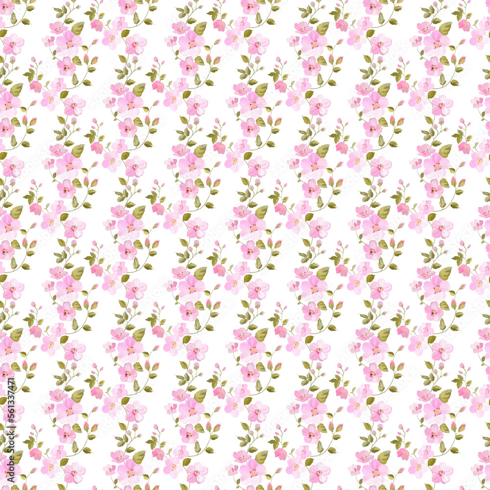 floral seamless pattern with pink flowers and leaves
