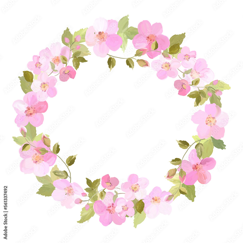 floral wreath with pink flowers and leaves