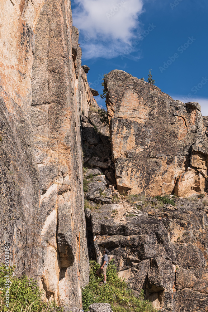 Spirit Canyon in arctic, northern Canada during summer time with beautiful blue sky and warm summer vibes. 