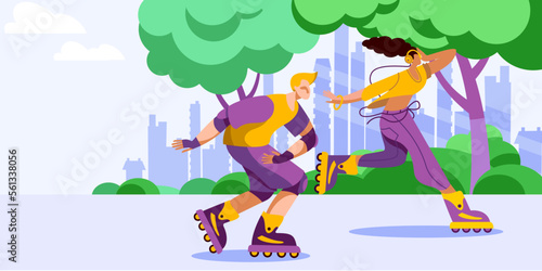 The characters rollerblade in a park against the backdrop of a modern city. Horizontal banner in a flat style on the theme of spring sports.