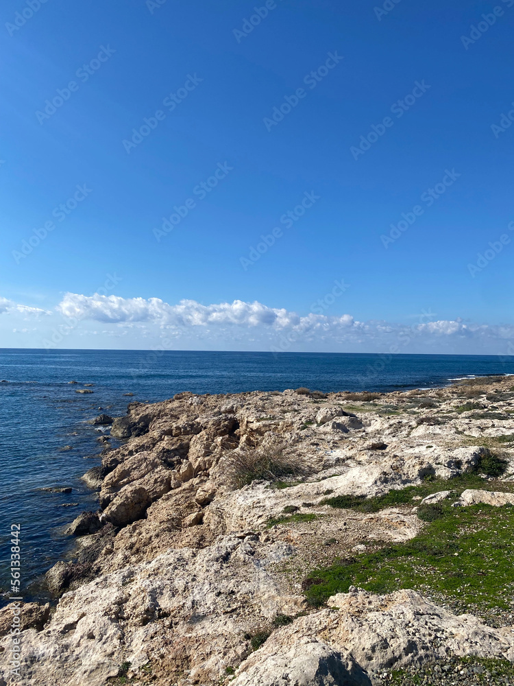 Seashore with limestone. Mediterranean. Cyprus, February 2022. Seashore with limestone. Mediterranean. Cyprus, February 2022.