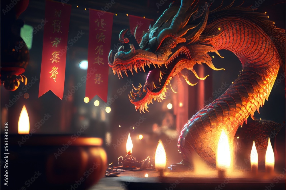 Fototapeta premium Lunar Chinese New Year Celebration Rabbit Firecrackers Lanterns Dragon Dance Background Image